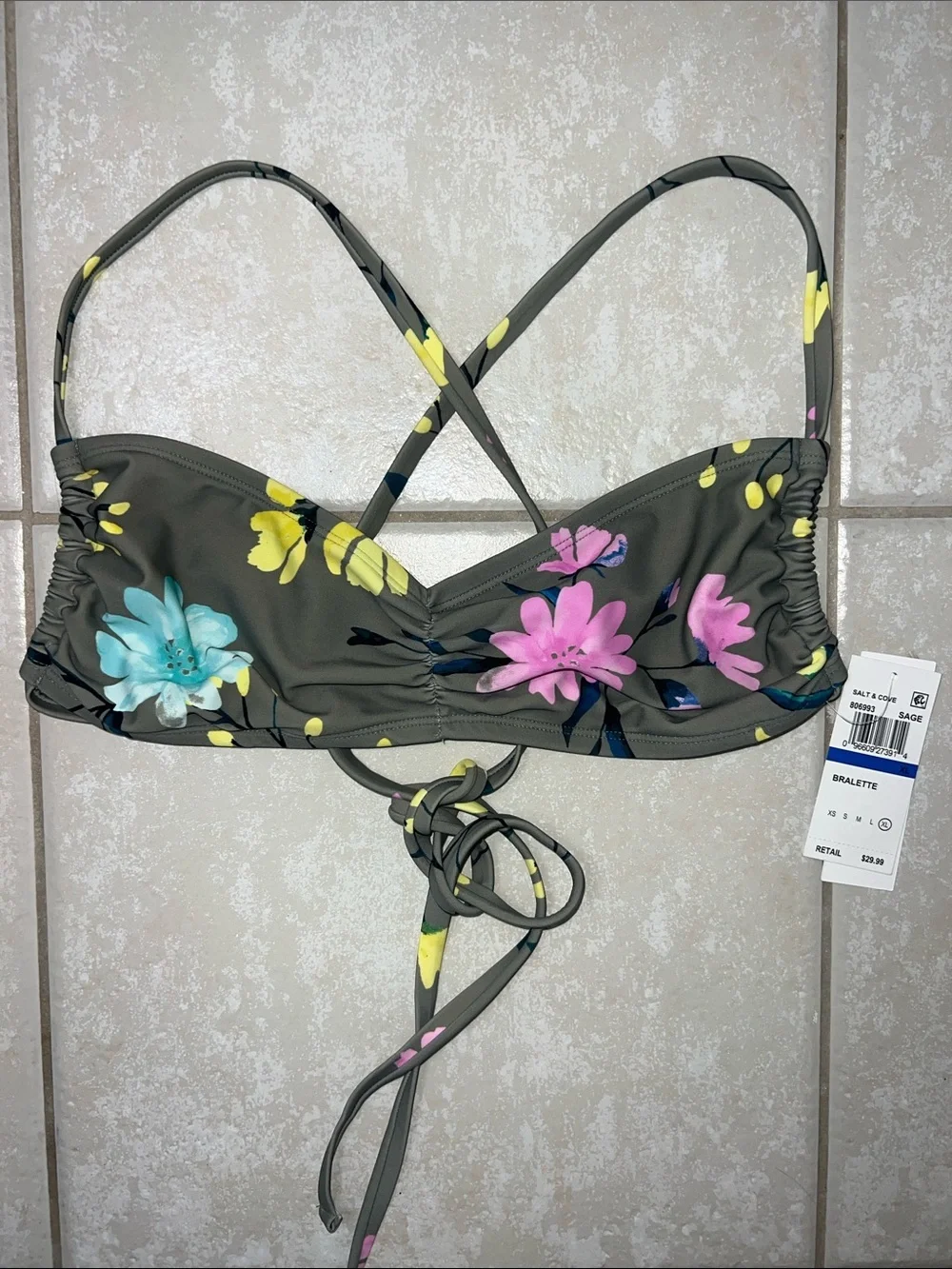 Salt + Cove Juniors' Floral-Print Sweetheart Bralette Bikini Top in Sage Sz. XL